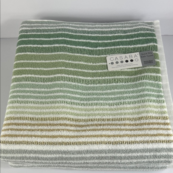Casaba Bath Towel Set Striped Green Tan Gray White Striped Quick Dry 2 Pc NEW - Picture 2 of 7
